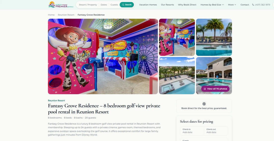 A Florida Premier Rentals property page showing the photo gallery, description and date-based pricing