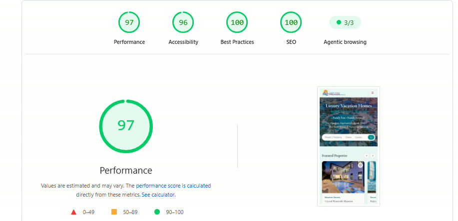 Lighthouse audit: Performance 97, Accessibility 96, Best Practices 100, SEO 100, Agentic browsing 3 of 3