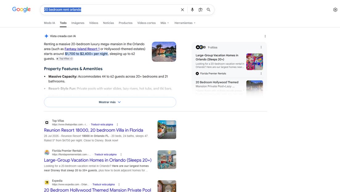Google search results showing Florida Premier Rentals above Expedia and cited in the AI overview