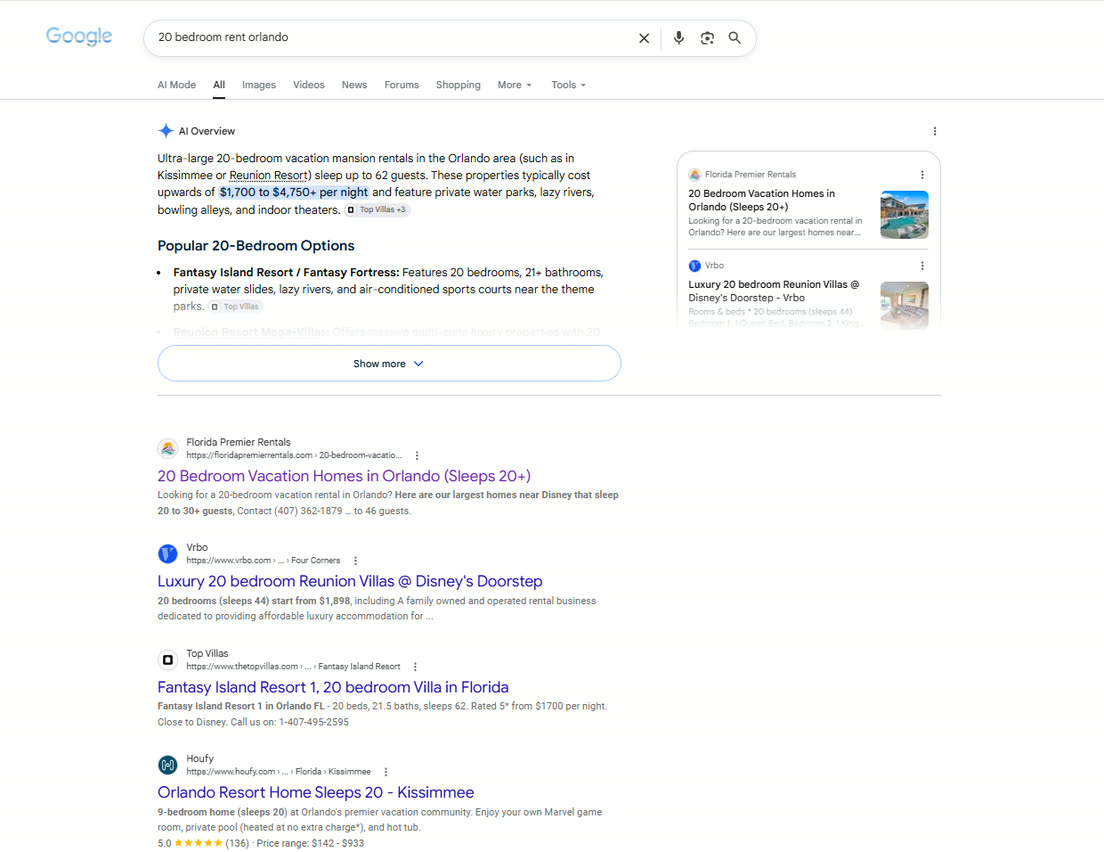 Google results for “20 bedroom rent orlando”, captured August 2026: Florida Premier Rentals above Vrbo and Top Villas, and cited in the AI overview